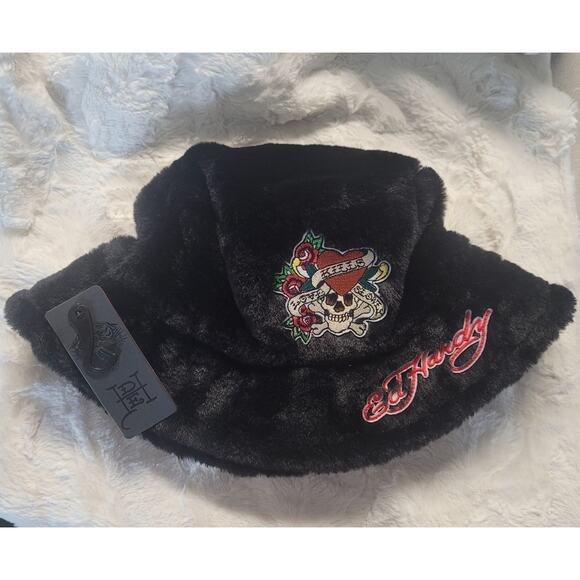 Ed Hardy Accessories - Ed Hardy faux fur embroidered bucket hat, New with tags